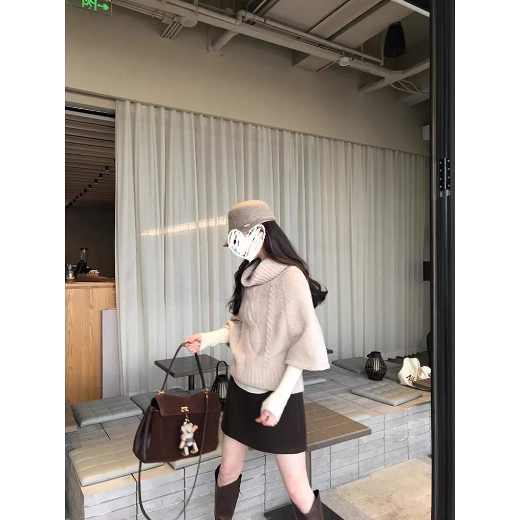 甜粿妹妹麻花针织套头斗篷毛衣女秋冬宽松高领打底针织衫裙子套装