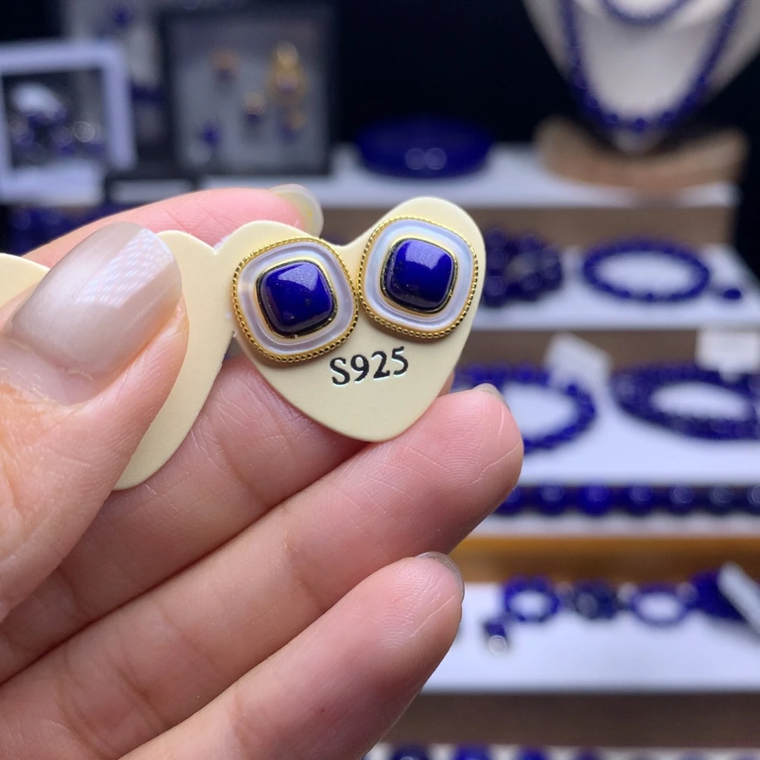 青金石银S925镀金镶嵌耳饰