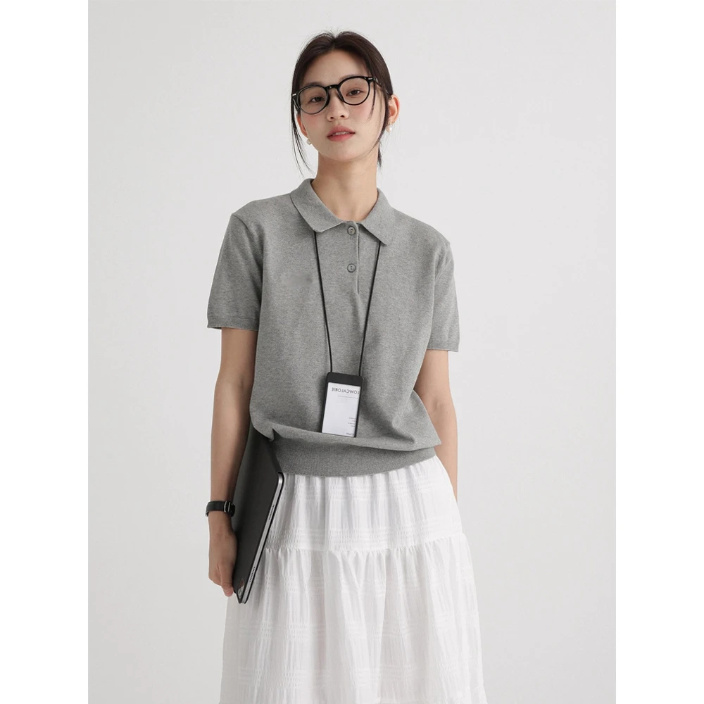 灰色高级感百搭女夏季新款针织衫polo领T恤简约休闲短袖薄款上衣