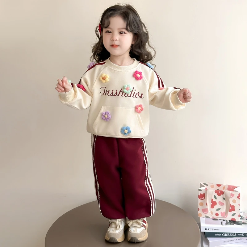 女童可爱宽松彩色花朵条纹休闲裤套装