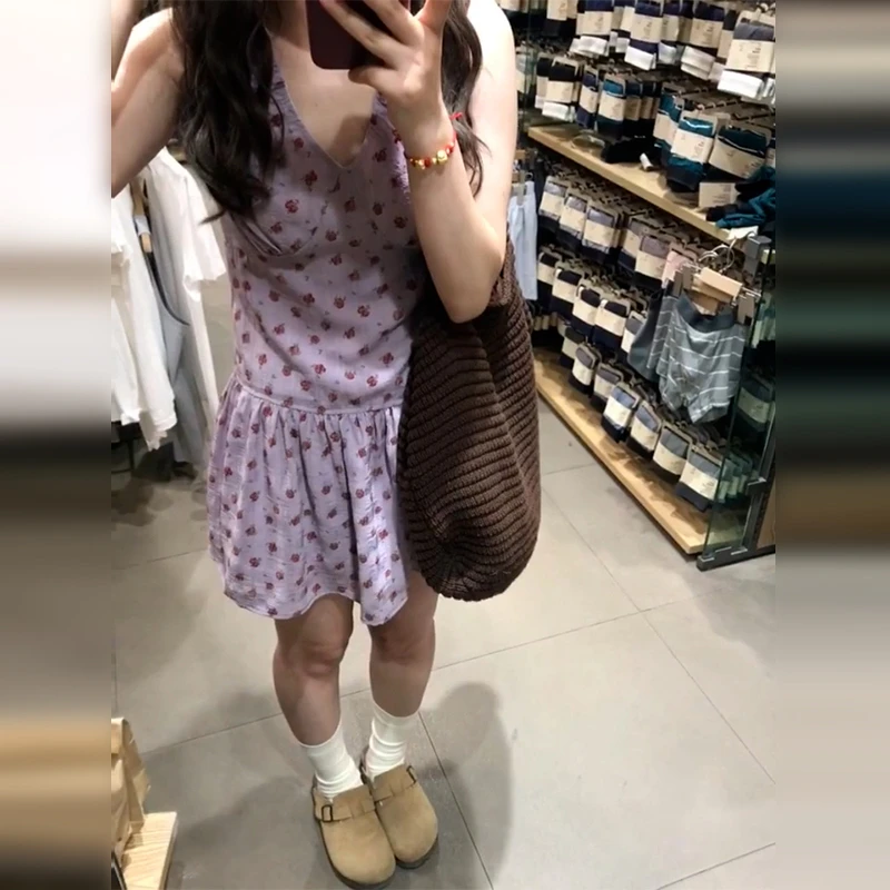 法式无袖吊带背心紫色连衣裙子女夏季2025新款爆款小个子碎花短裙
