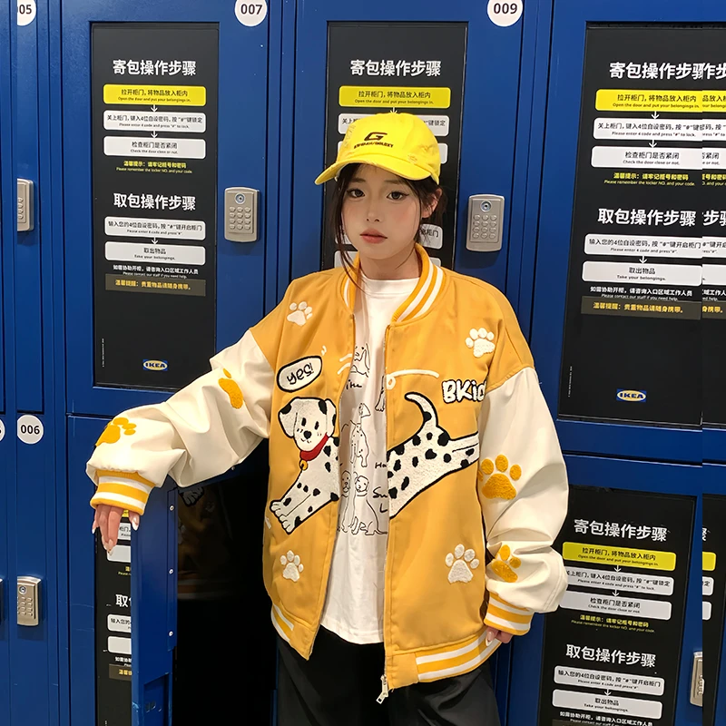 文文不乖 美式复古刺绣斑点狗棒球服宽松休闲高级感夹克外套上衣