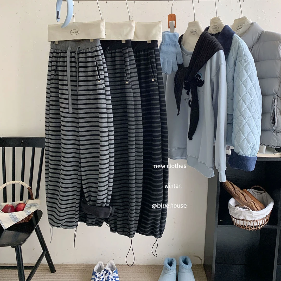 韩系百搭可束脚两穿加绒加厚裤女冬休闲宽松显瘦条纹弯刀阔腿裤