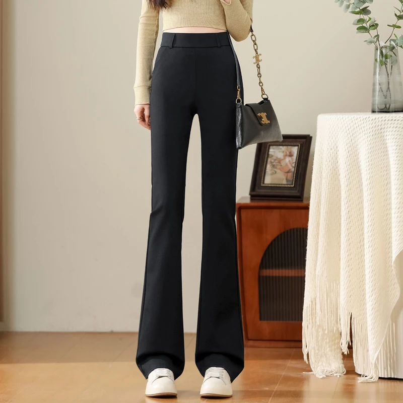 黑色马蹄微喇裤女士2025早秋新款高腰修身显瘦时髦喇叭直筒西装裤