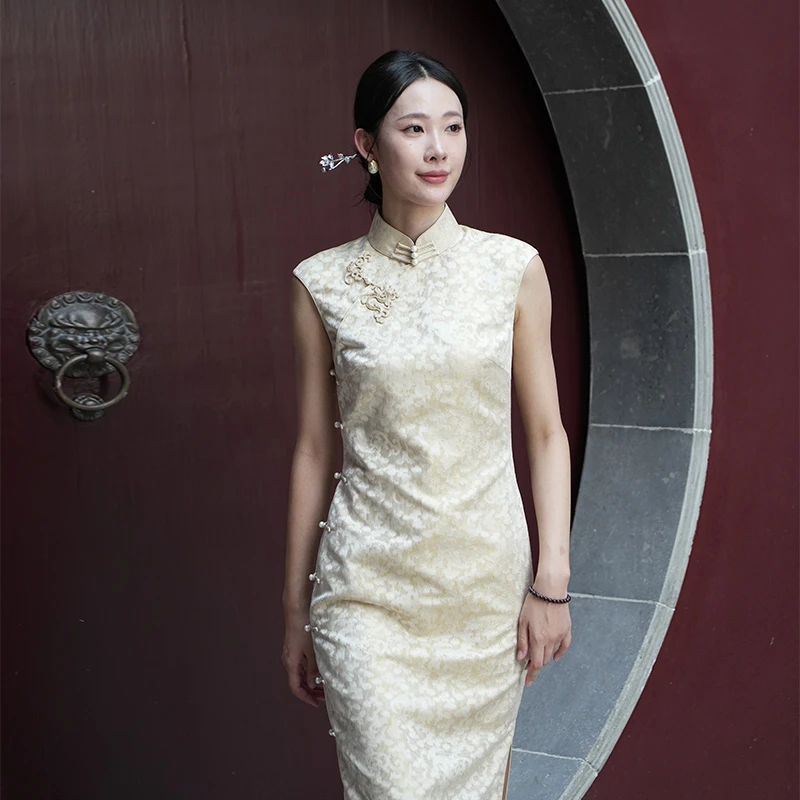 鎏光赋一顾再顾旗袍2025新款桑蚕丝古法全开襟长款中国风女装无袖