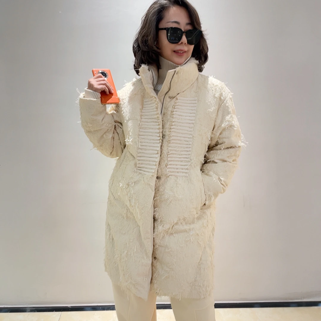 定制款亚麻抽丝中长款羽绒服
