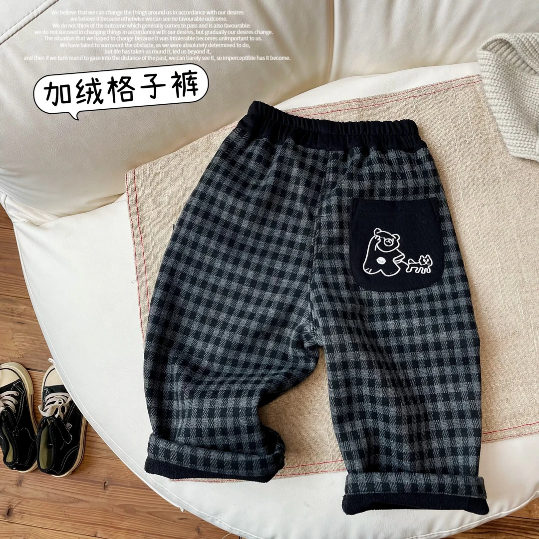 【阿沐家童品】男小童加绒格子裤冬季新款儿童休闲韩版百搭宝宝卫裤