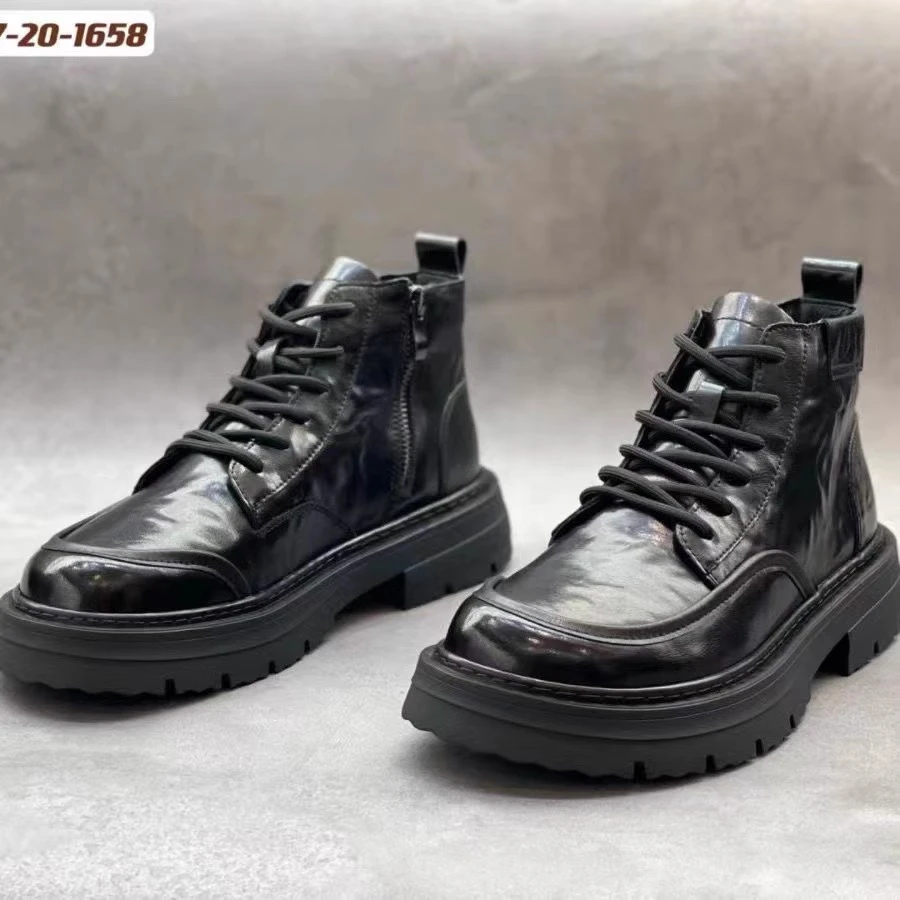 2025秋冬高级感男士厚底马丁靴保暖黑色潮流高帮休闲皮鞋时尚百搭