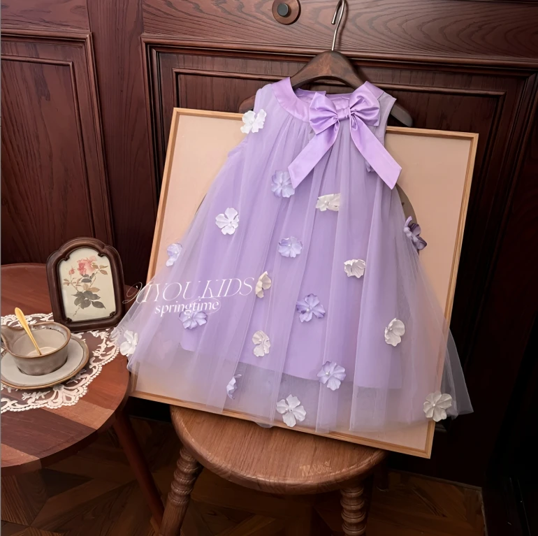 2025夏季新款女童设计师立体花朵韩版蝴蝶结公主礼服连衣裙25012