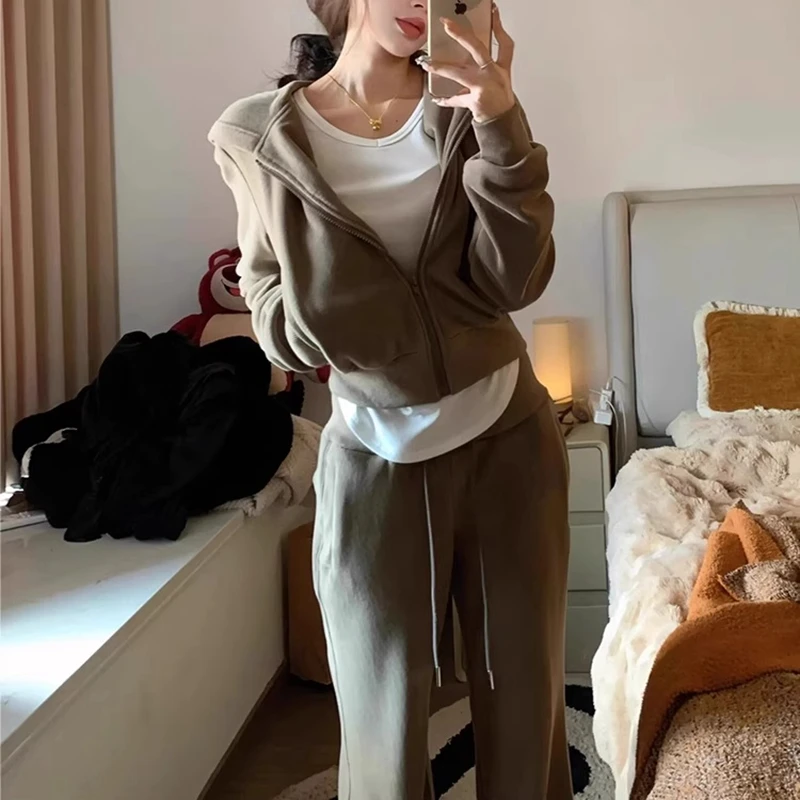 咖色连帽外套长裤休闲小个子套装女2025春季新款高级感韩系一整套