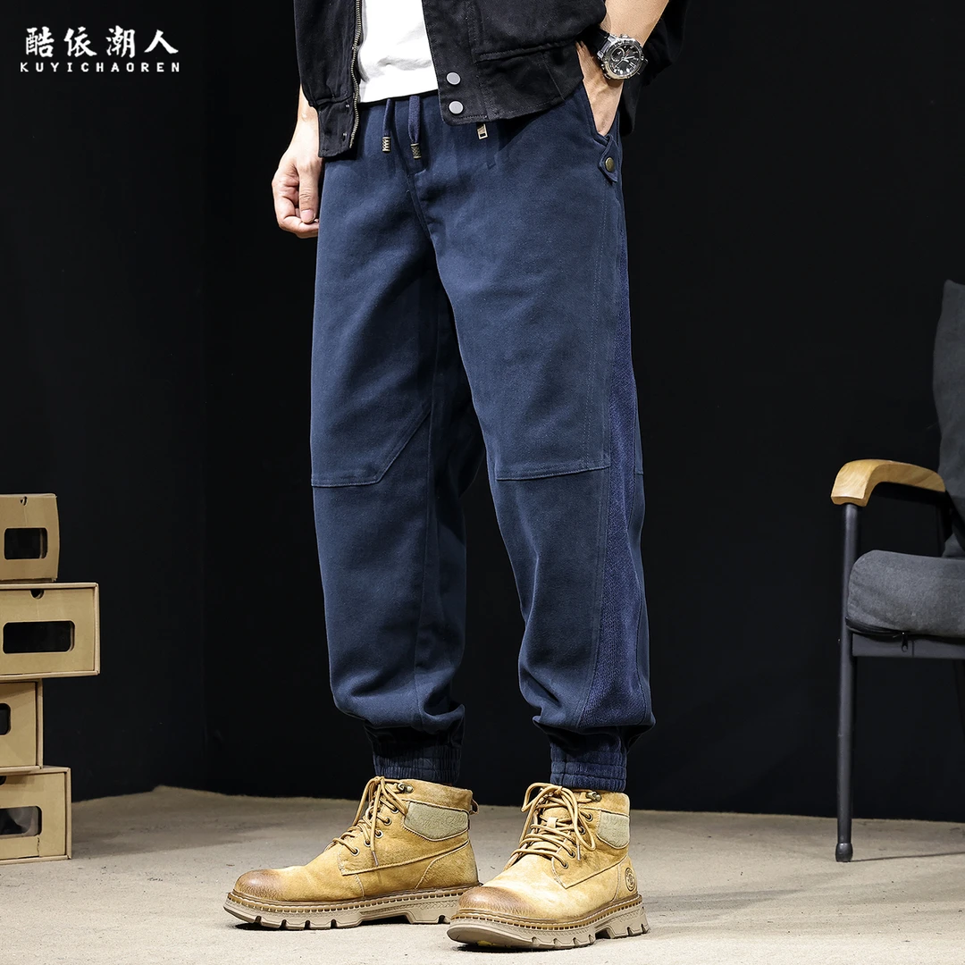 美式复古撞色拼接休闲工装裤男2025秋季新款束脚潮牌大码弹力裤子