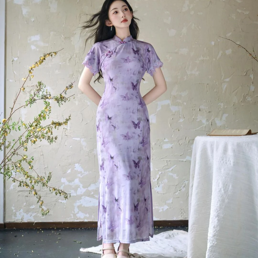 轻奢典雅紫色调连衣裙新中式风格遮肉显瘦收腰版型旗袍气质时尚