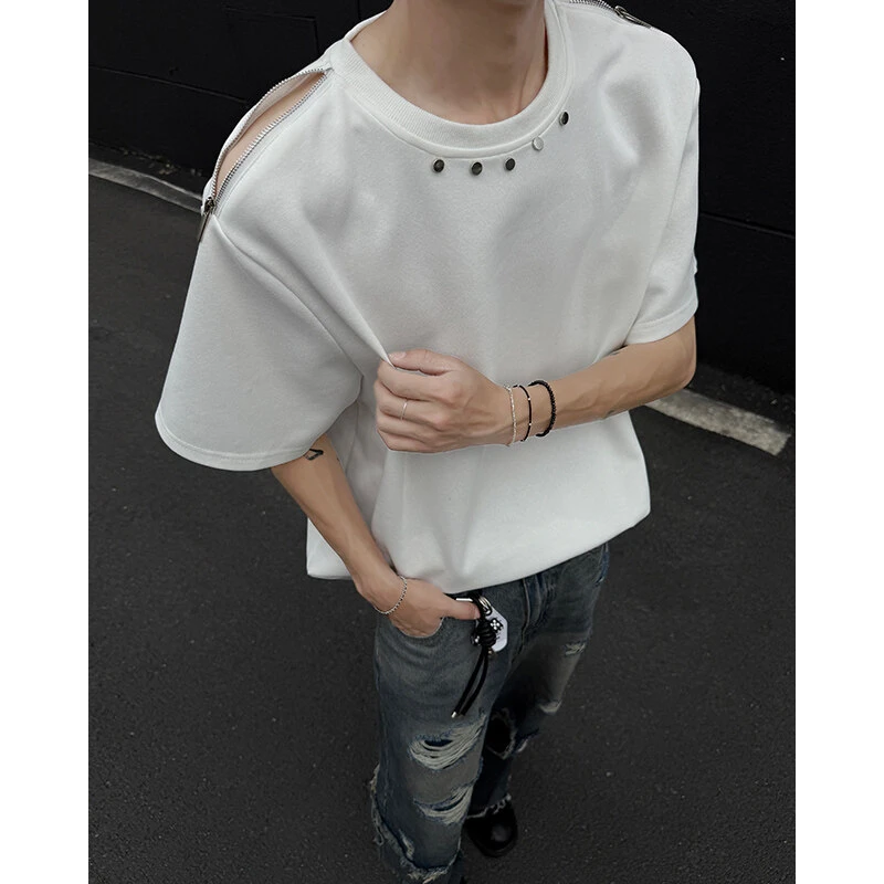 解构拉链金属扣重磅短袖t恤男夏季潮牌美式cleanfit宽松五分半袖