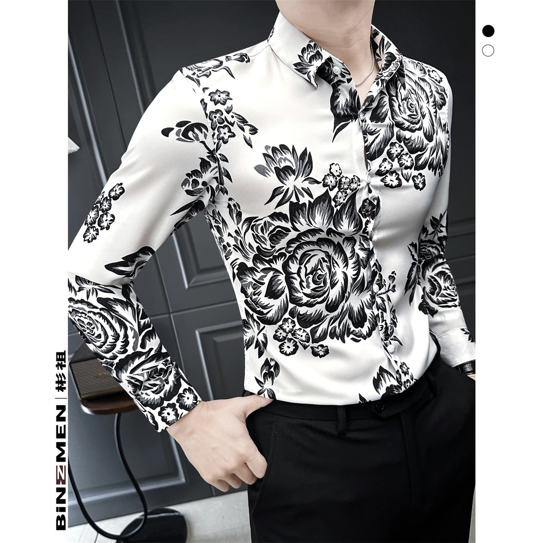 国潮风印花衬衫男痞帅高级感潮款休闲帅气修身新国风衬衣男款长袖