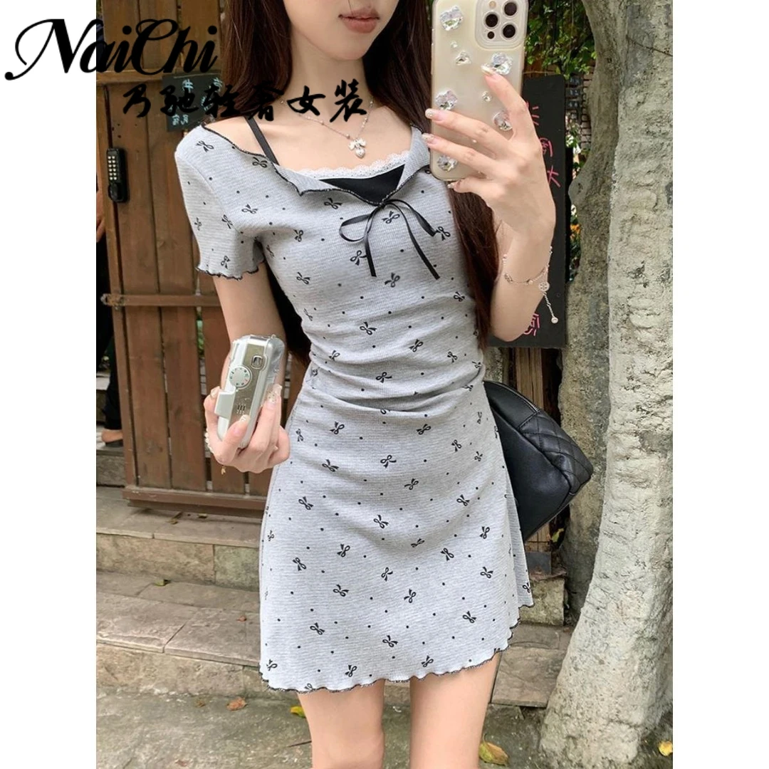 假两件蝴蝶结印花短袖连衣裙女夏季气质蕾丝花边收腰显瘦A字长裙