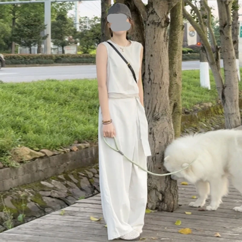 韩系夏季休闲背心马甲阔腿裤女2025新款无袖马夹坎肩阔腿裤两件套