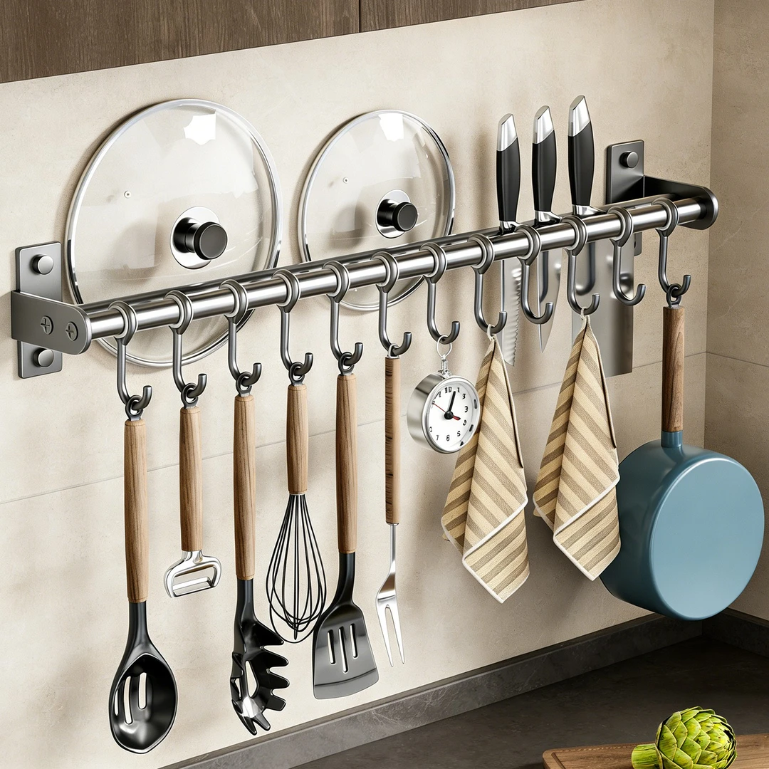 枪灰不锈钢厨房挂钩免打孔挂杆多功能壁挂勺子铲子刀架锅盖置物架