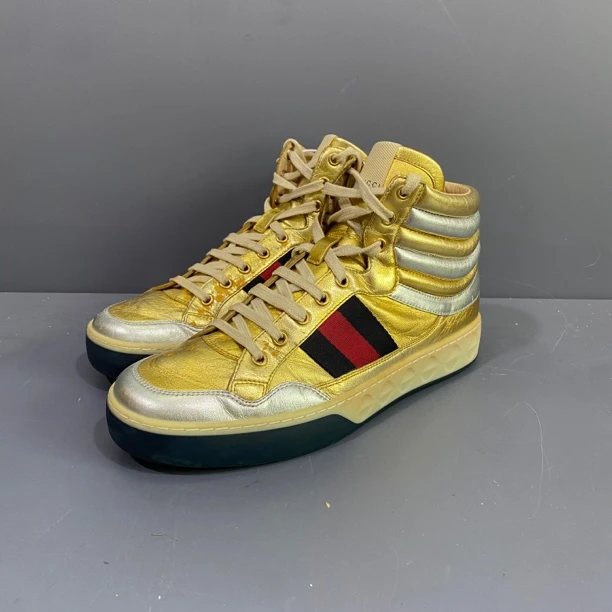 95新 GUCCI/古驰 42码 gucci 液态金银高帮板鞋 鞋面轻微掉漆 270