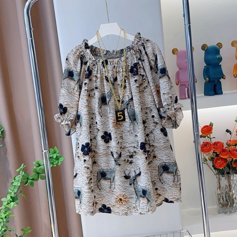 1854时尚印花短袖上衣百搭上衣夏季宽松显瘦一字领气质休闲碎花