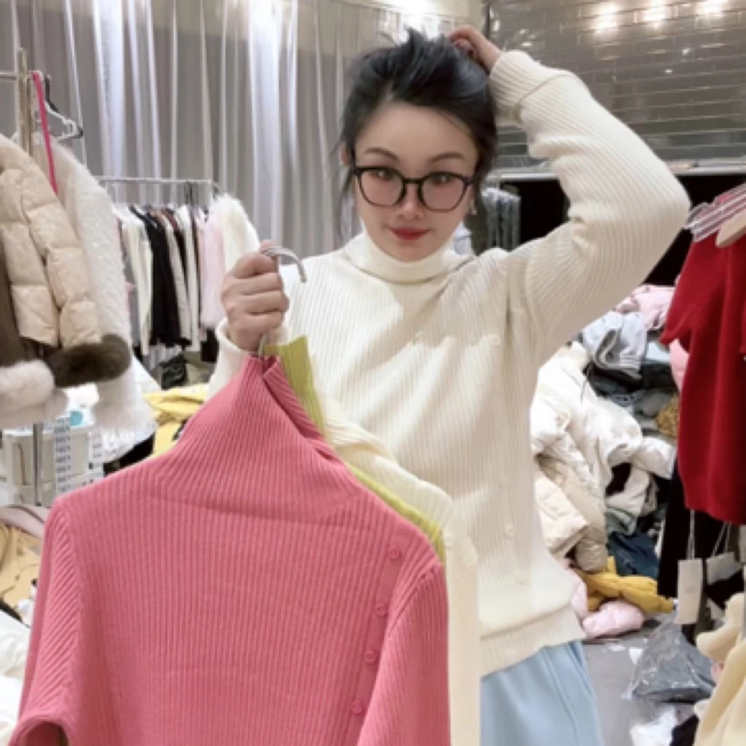 芷希韩系高领长袖纯色纽扣宽松显瘦打底针织2024秋冬