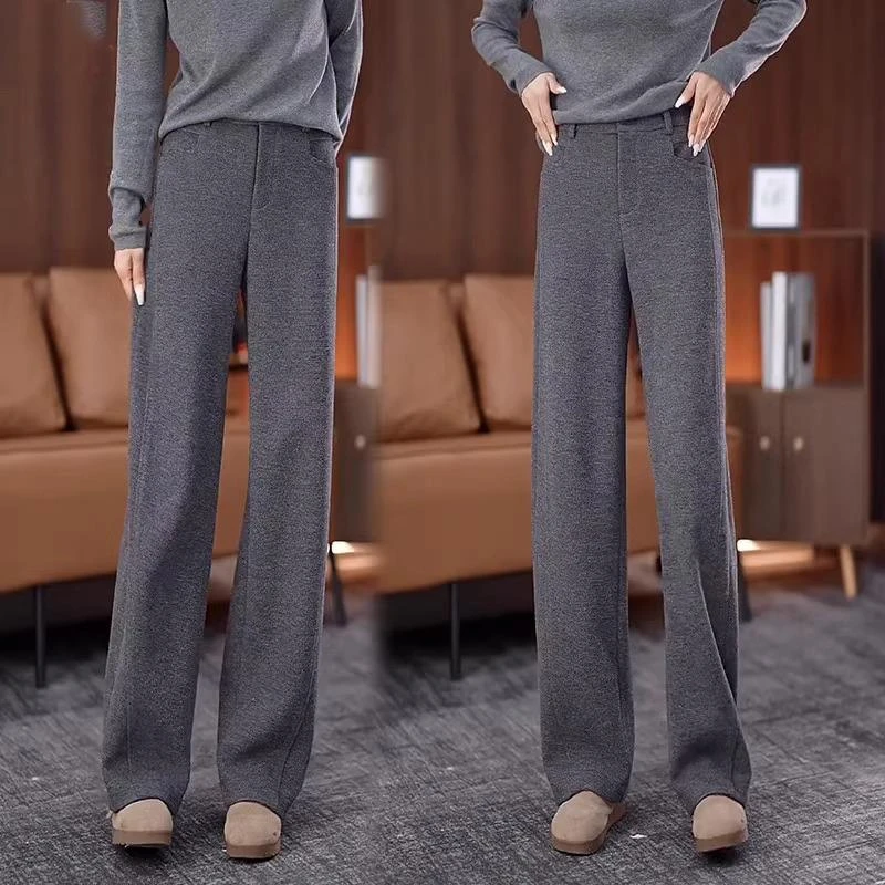 软糯直筒弯刀裤女2024秋冬新款高腰加绒毛呢窄版阔腿裤潮