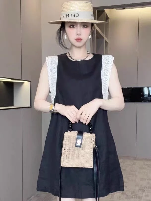 JZ欧货高品质2025夏新款韩版时尚无袖麻料连衣裙减龄显瘦5391