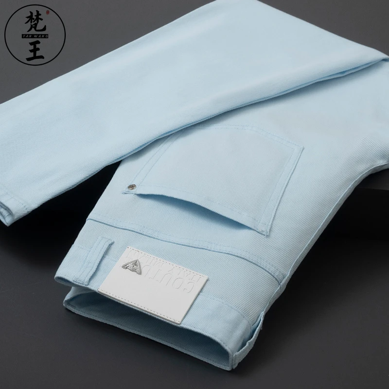 FANWANG/梵王春夏青年牛仔裤男修身薄款天蓝色小直筒休闲九分长裤