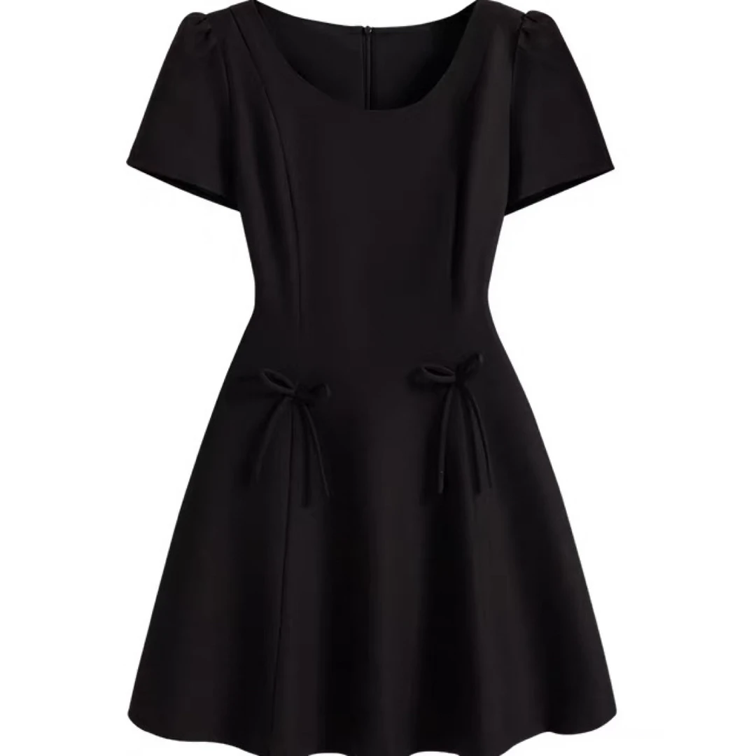 大码胖mm法式千金风A字裙子蝴蝶结设计感气质短袖连衣裙