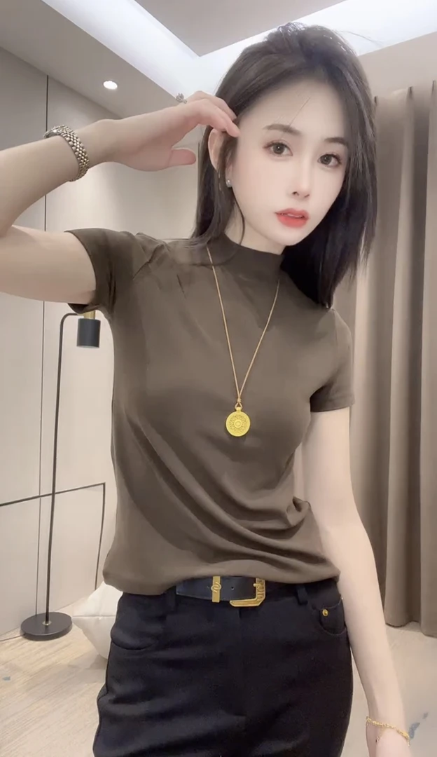 简约纯色立领短袖t恤女2025春新款百搭显瘦基础款内搭上衣打底衫