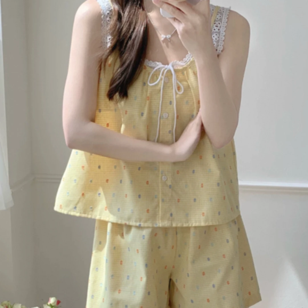 83-夏季韩版甜美吊带蕾丝波点格子家居服三件套