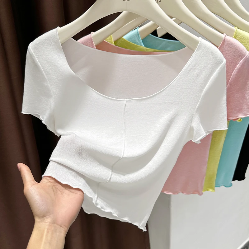 白色大圆领短袖女t恤夏季2025新款性感露肚脐超弹短款显瘦上衣ins