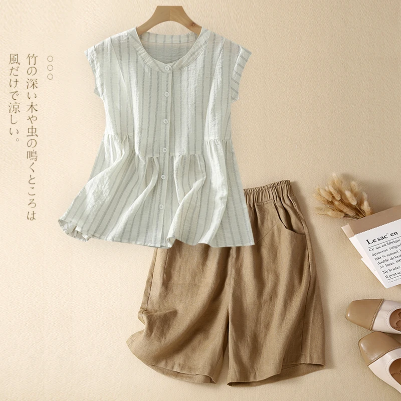 高级感轻奢苎麻亚麻套装女士夏季洋气减龄条纹无袖衬衫短裤两件套