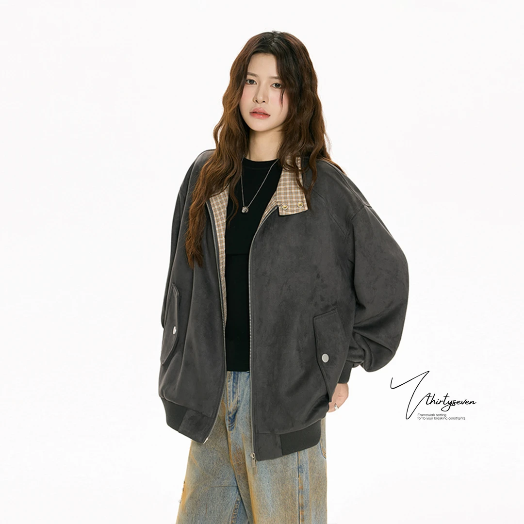 美式格子撞色翻领麂皮绒外套男秋季潮牌街头青少年哈灵顿夹克