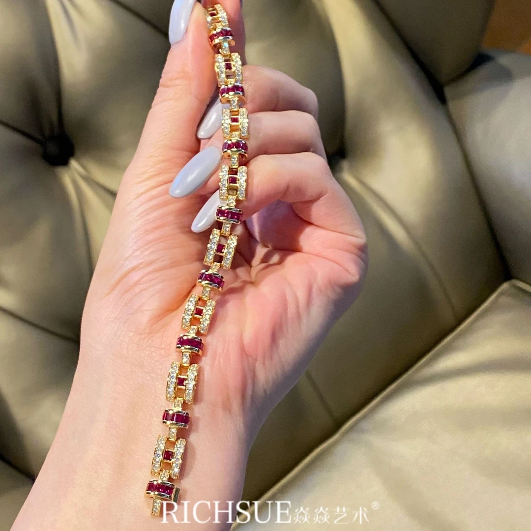 925银合成锆石手链 RICHSUE复古红色猪鼻子手链 s925银镀金 轻奢
