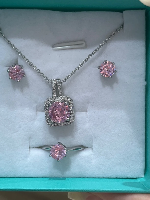 915粉蓝套装方耳钉戒指吊坠