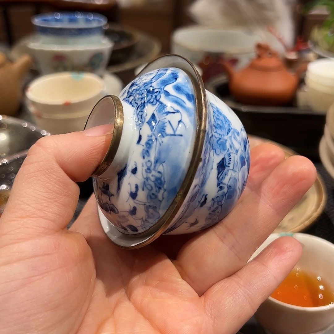 一****歌青花若深盖碗全手工包铜口