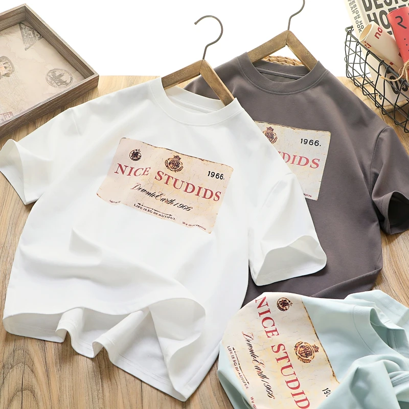 男童夏季新款印花户外休闲透气中大童美式复古宽松短袖T恤5971