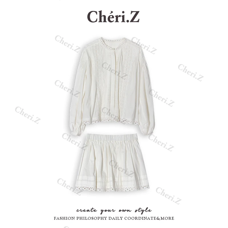 CHERI.Z时尚显瘦衬衫夏季气质宽松法式镂空白色上衣C25A02176C
