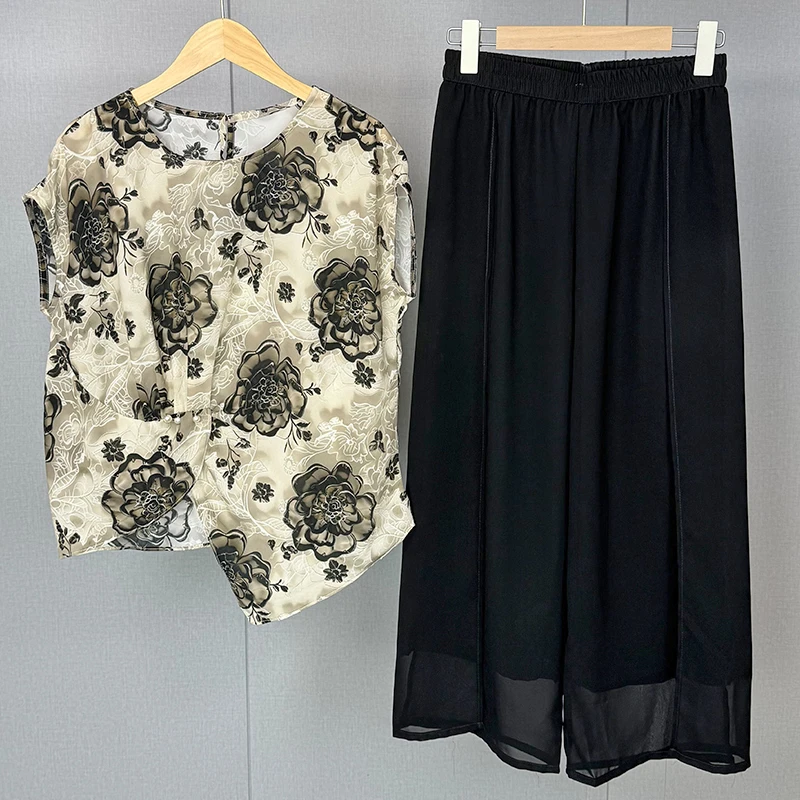 桑蚕丝妈妈套装夏季新款圆领真丝T恤两件套中老年气质女装休闲裤