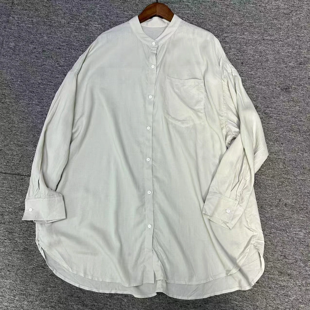 外贸单 中长款衣长85 小立领纯棉上衣衬衫女长袖衬衣