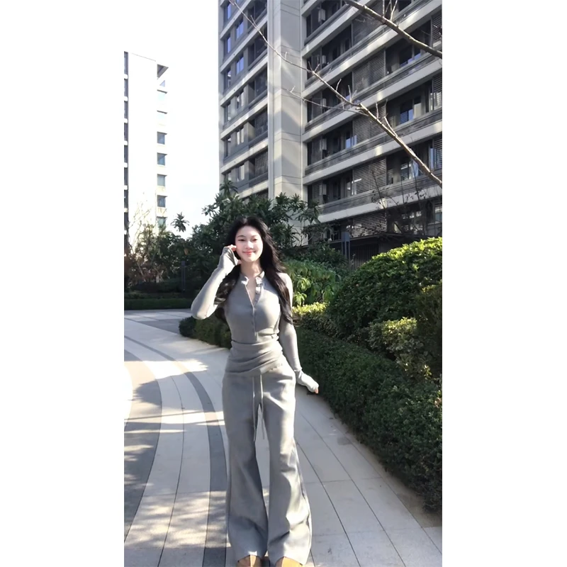 2025春季新款时尚简约慵懒修身显瘦长袖打底衫上衣高腰休闲阔腿裤