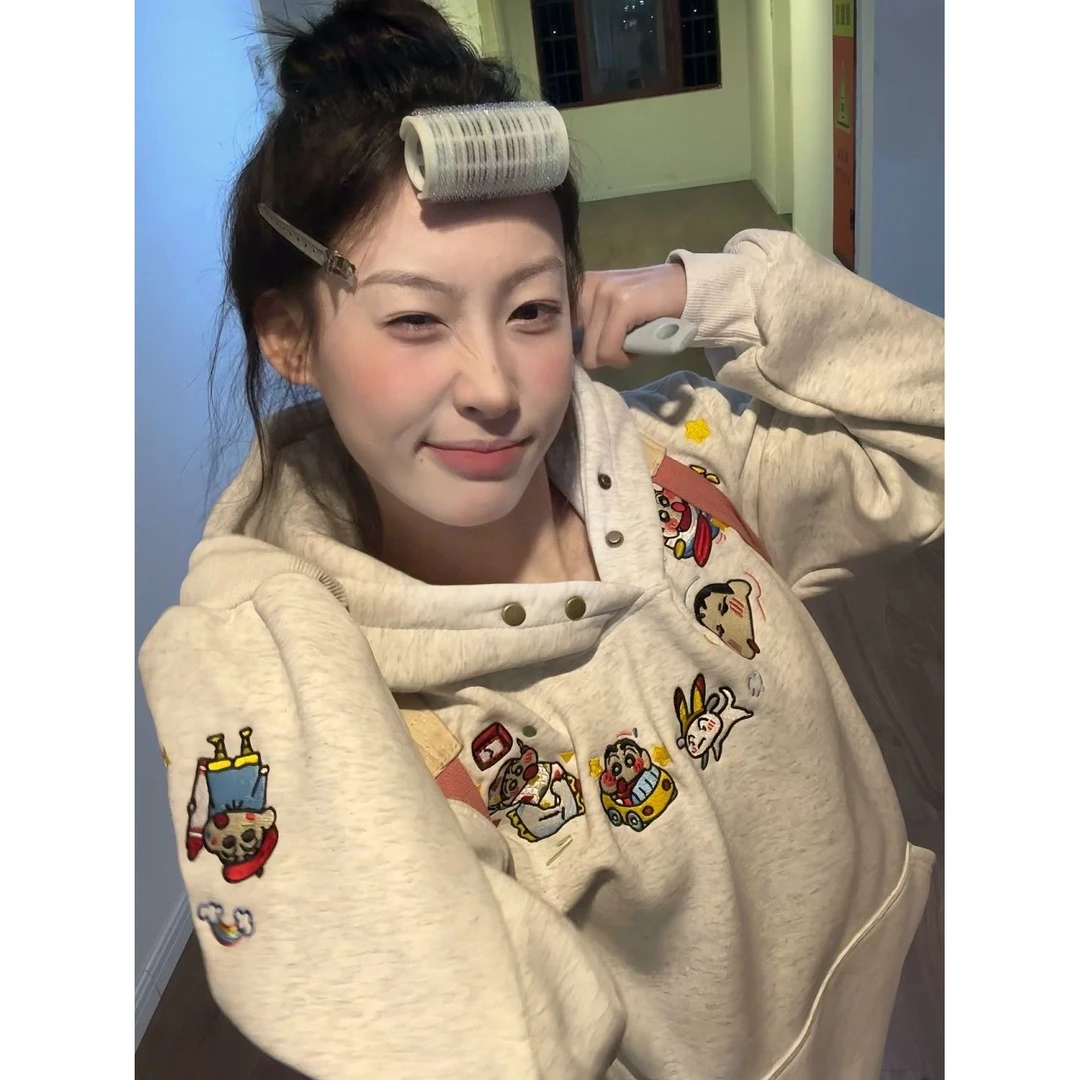 黎帮主 甜美韩系刺绣连帽卫衣女2024秋冬慵懒风宽松加绒加厚上衣