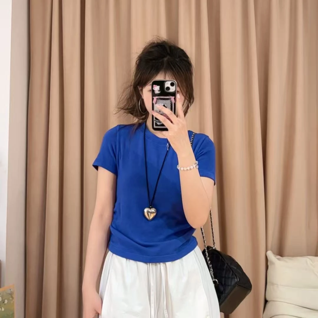 85069余小鱼【正肩T】四色侧边抽褶弧形下摆圆领短袖百搭T恤女装