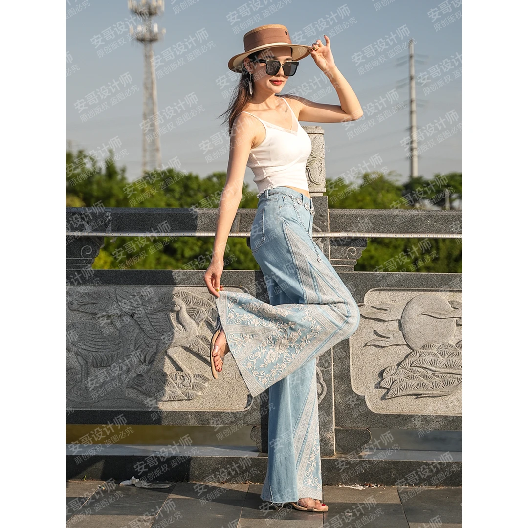 【安哥】波西米亚风喇叭裤2025女装牛仔夏季新品民族风设计师8958C