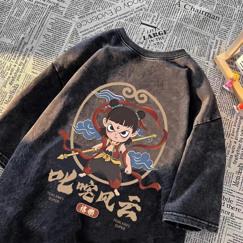 水洗做旧纯棉短袖男生美式复古潮流宽松大码情侣个性印花半袖t恤