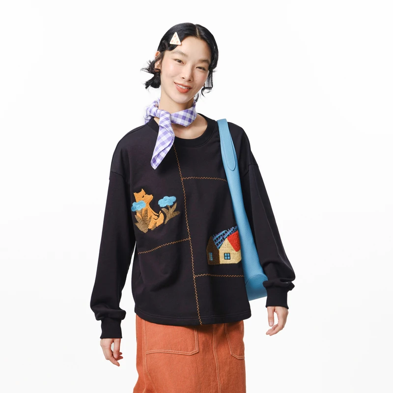 MOVEUP幻走2025秋季新款.FUN圆领绣花短款卫衣女小个子3EWQ11438