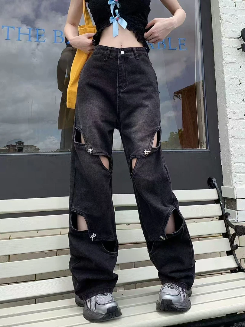 6812-8女同款潮流破洞牛仔裤，复古街头风必备阔腿宽松