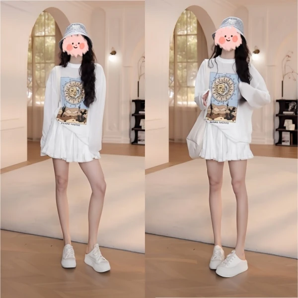 2025夏季百搭太阳花长袖防晒T恤+显瘦气质短裙温柔花边裙裤蛋糕裙