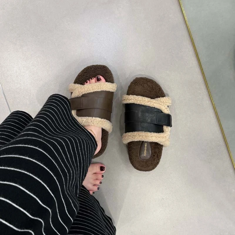 毛毛拖鞋女时尚外穿2025新款复古松糕丑萌平底棉拖鞋懒人一字拖鞋