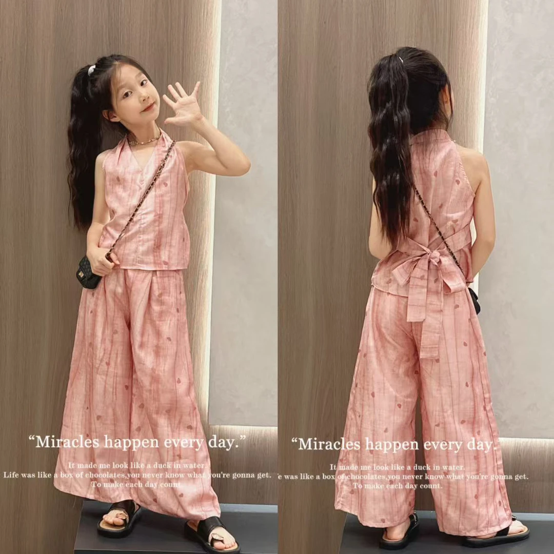 女童夏季洋气时髦挂脖上衣套装2025新款中大童时尚阔腿裤两件套潮